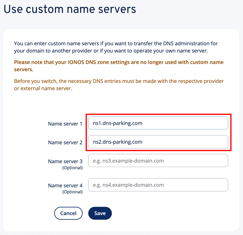 IONOS custom nameservers page