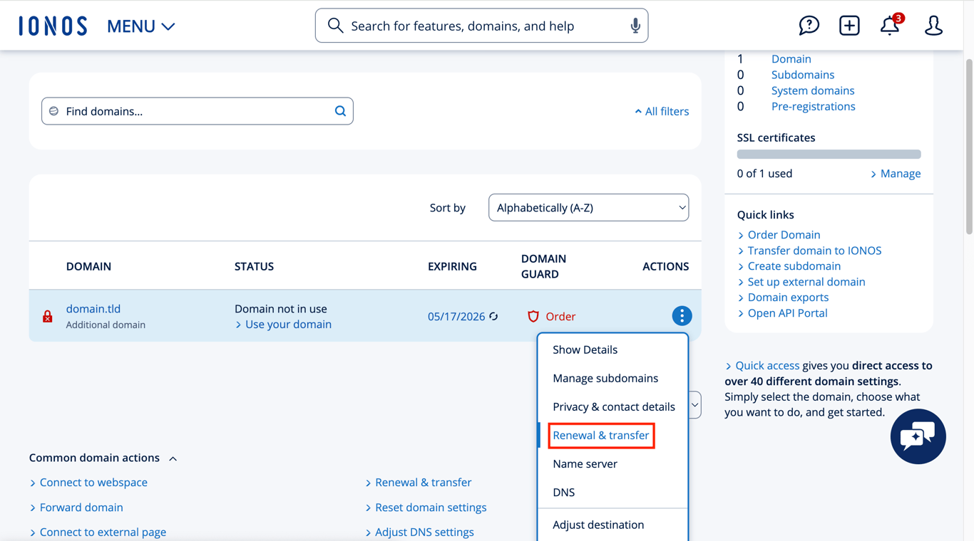 IONOS account domains and SSL section with active domains listed