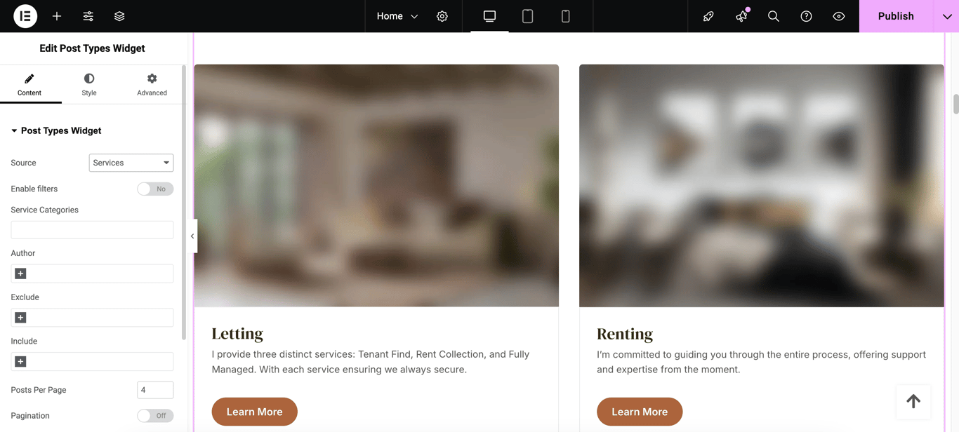 Oikia post types widgets in Elementor editor
