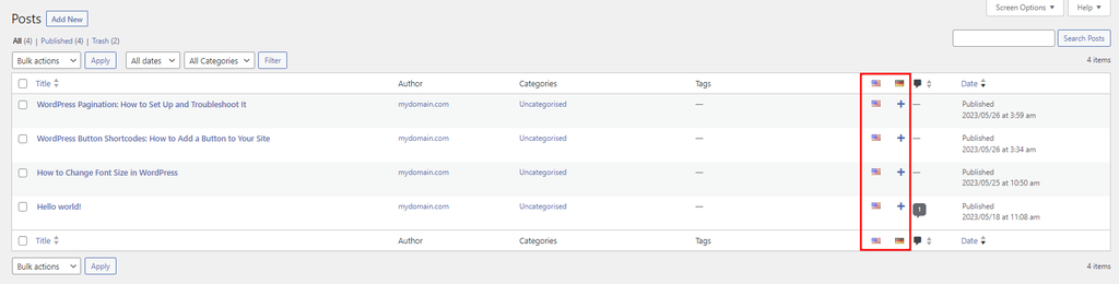 The appearance of the WordPress All Posts page after setting up Polylang. The languages column is highlighted.