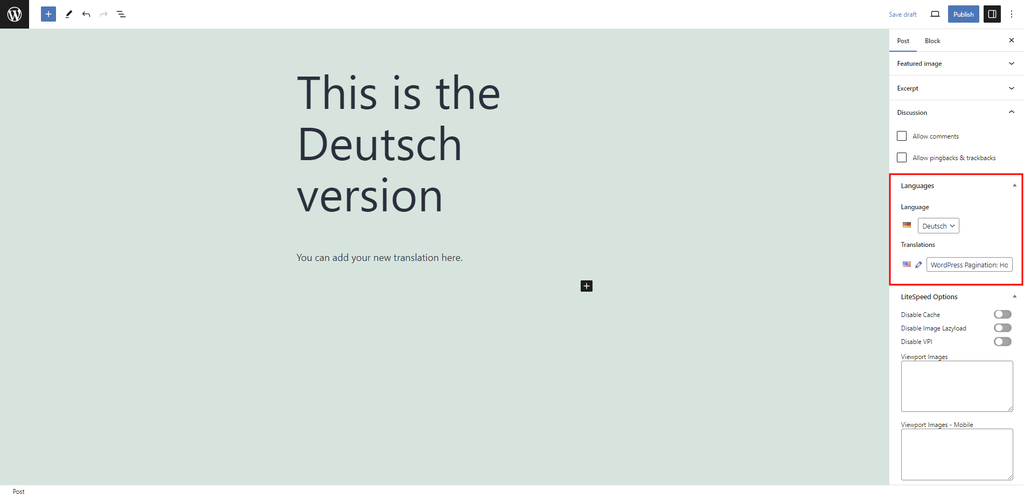 WordPress block editor with the Languages section highlighted.
