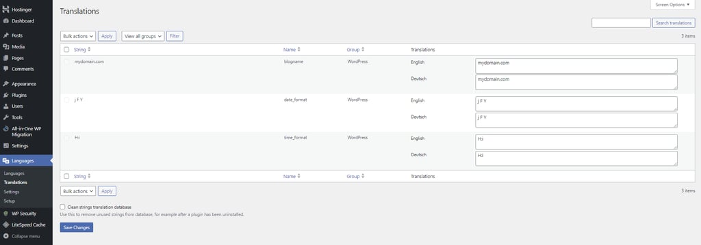 WordPress Translations page, containing strings translated into different languages.
