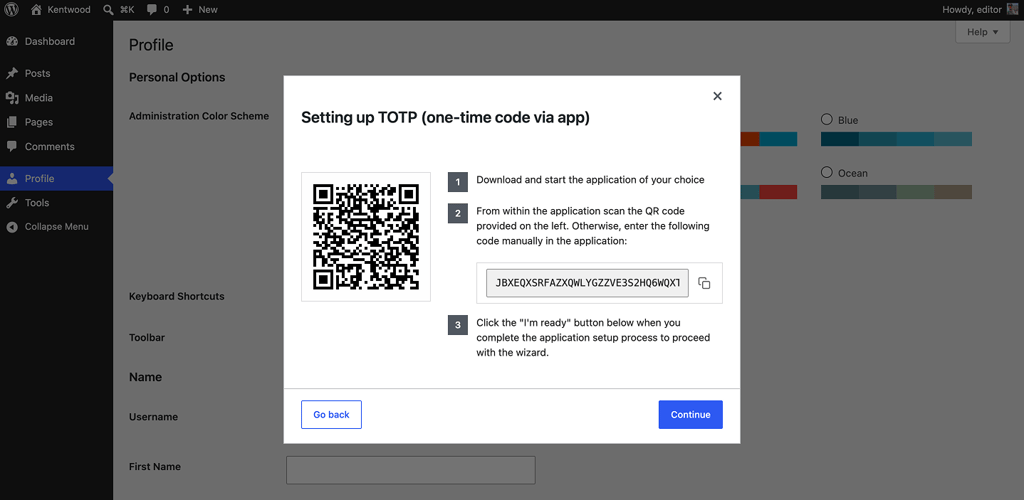 The QR code and authentication code to connect 2FA with an authentication app.