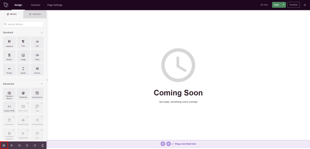 SeedProd editor with the Global Settings icon highlighted.