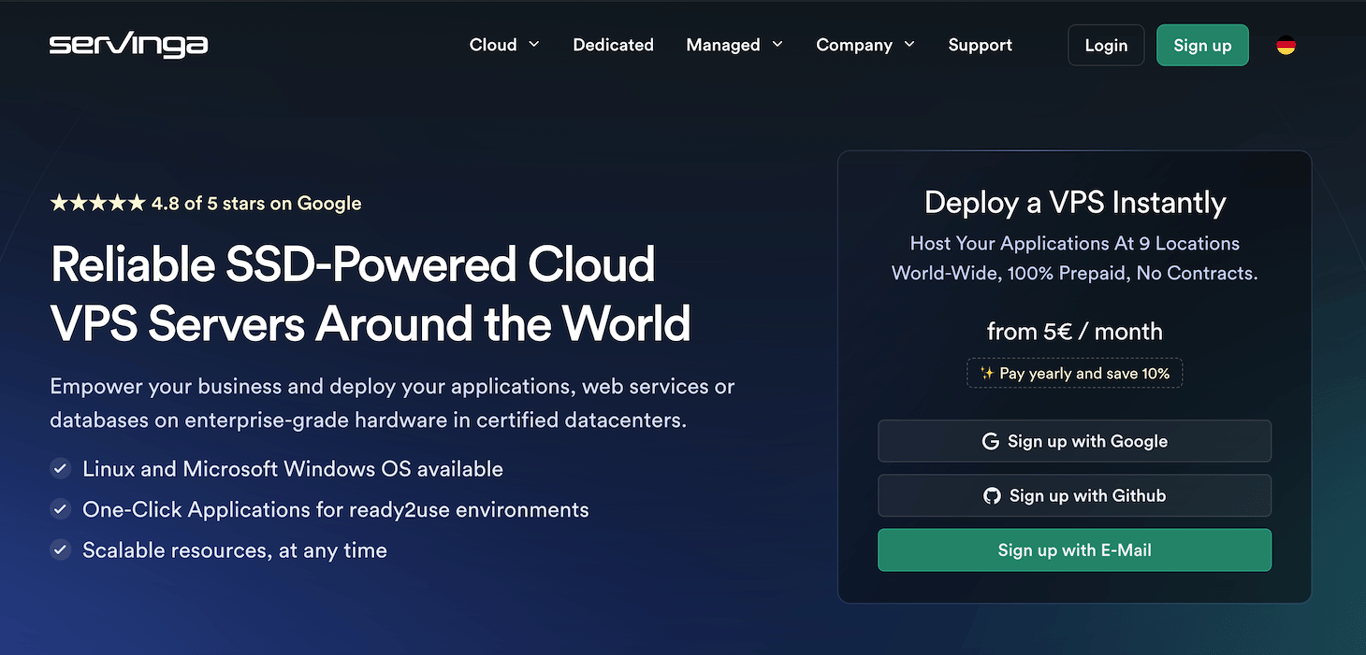 Servinga VPS hosting landing page