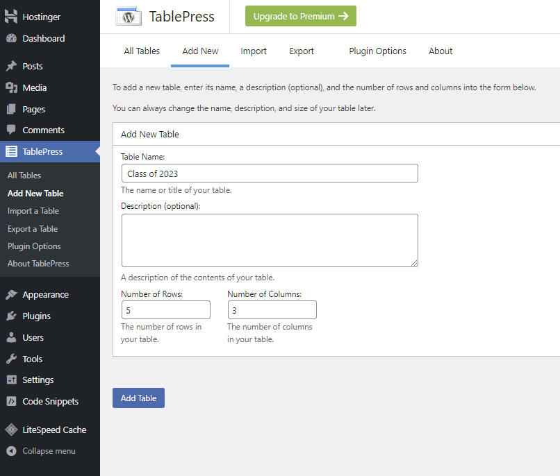 Adding a new table using the TablePress free plugin.