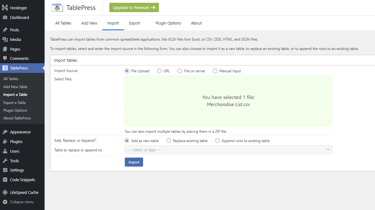 Import data from a CSV file using TablePress.