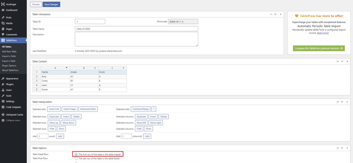 TablePress' Table Head Row setting highlighted.