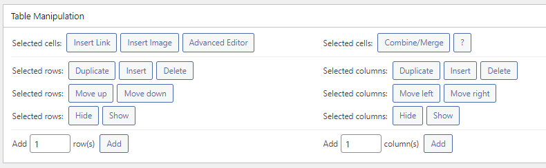 The Table Manipulation section in the TablePress plugin.