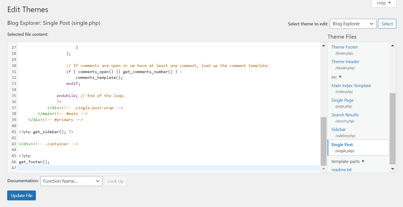 The theme file editor in the WordPress admin area