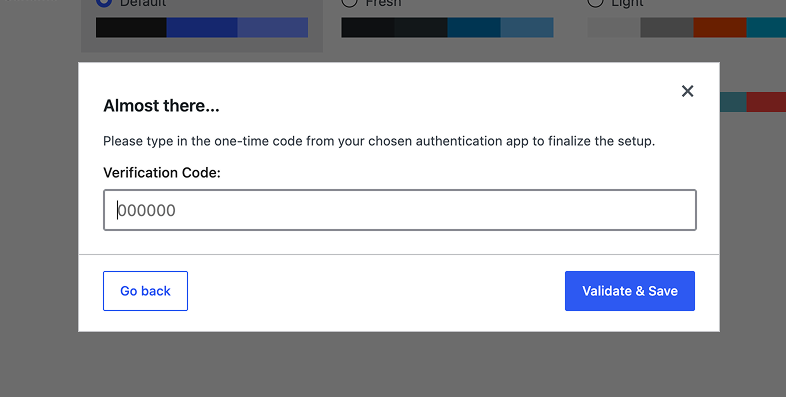 The step to enter the code from an authentication app to finalize the setup