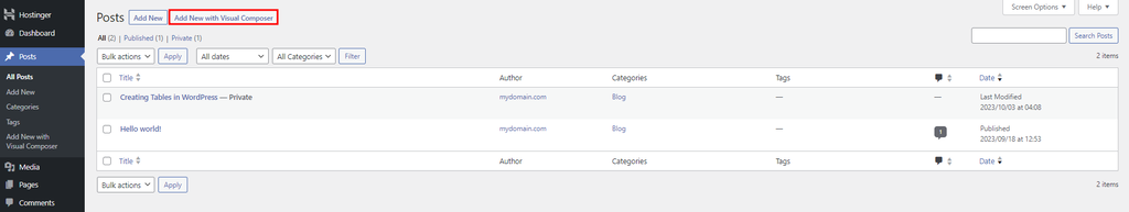 WordPress Posts section highlighting the Visual Composer feature.