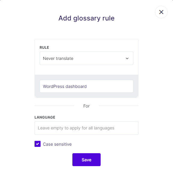 Creating a new glossary rule in Weglot.