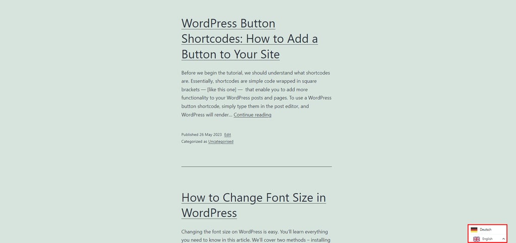 The front-end of a WordPress site with Weglot's language switcher being expanded and highlighted.