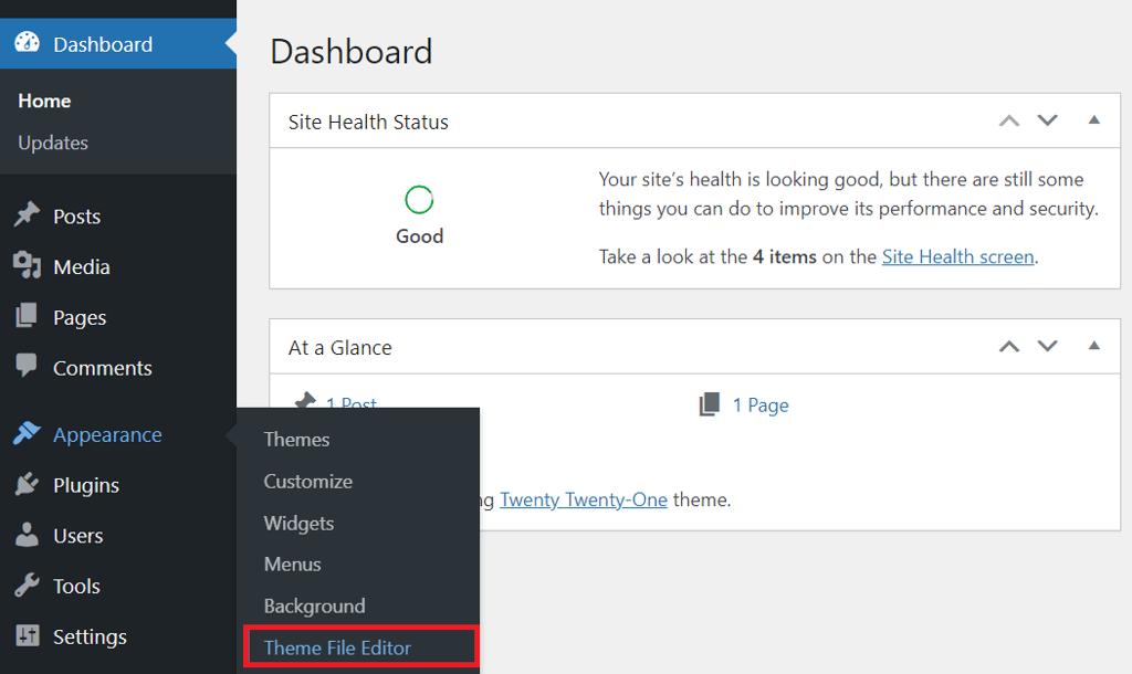 Opening the Theme File Editor option under Appearance menu in the WordPress dashboard