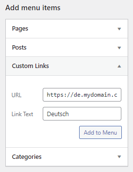 Adding menu links to other translated websites in the multisite network.
