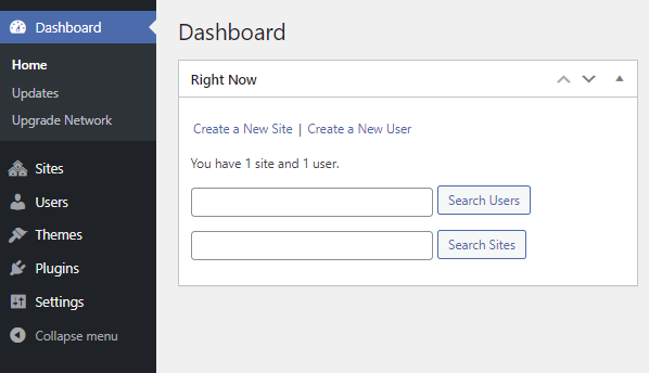 WordPress multisite dashboard.