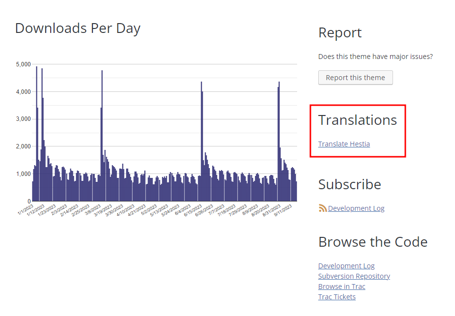Accessing Hestia WordPress theme's language pack, with the Translations field highlighted.