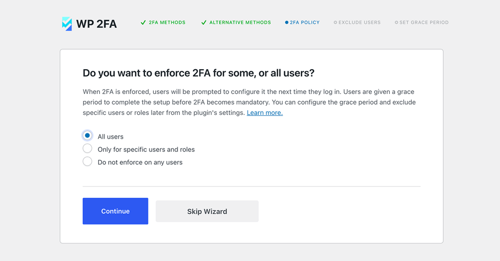 wp 2fa enforcement setting