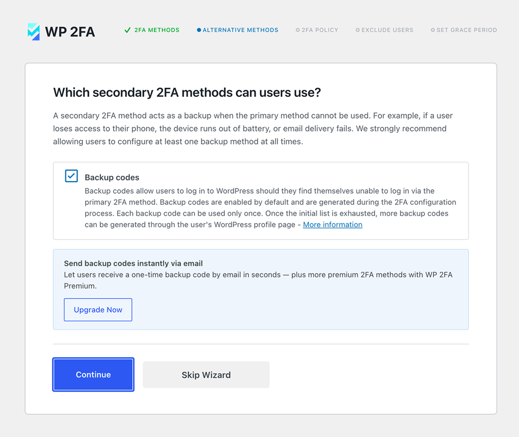 Selecting backup codes as an alternative method