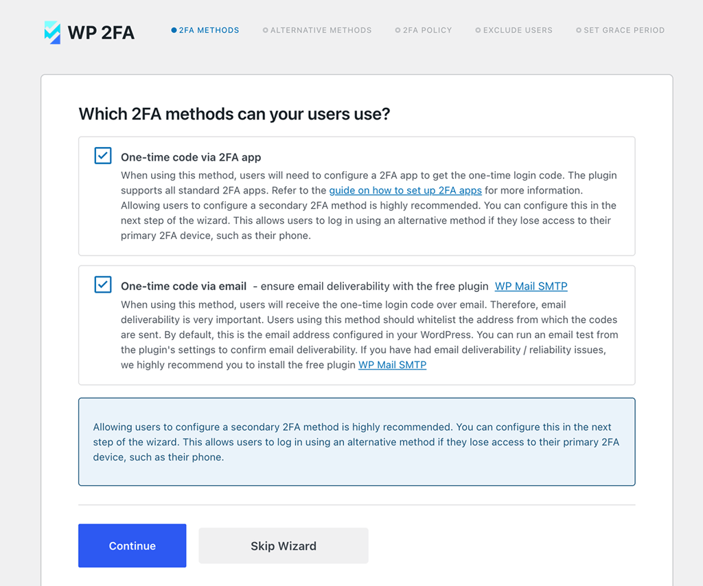 Selecting the 2FA methods for users