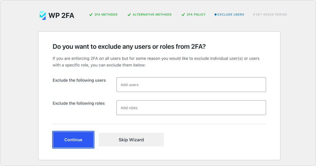 wp 2fa excluding users from 2fa