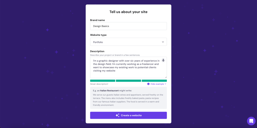 Hostinger AI Website Builder setup form