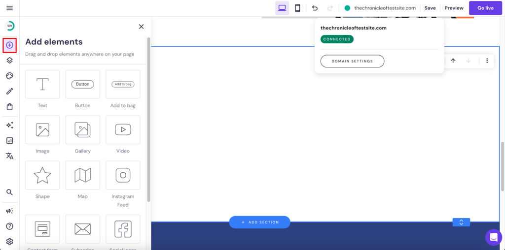 Hostinger website builder interface with the elements tab open