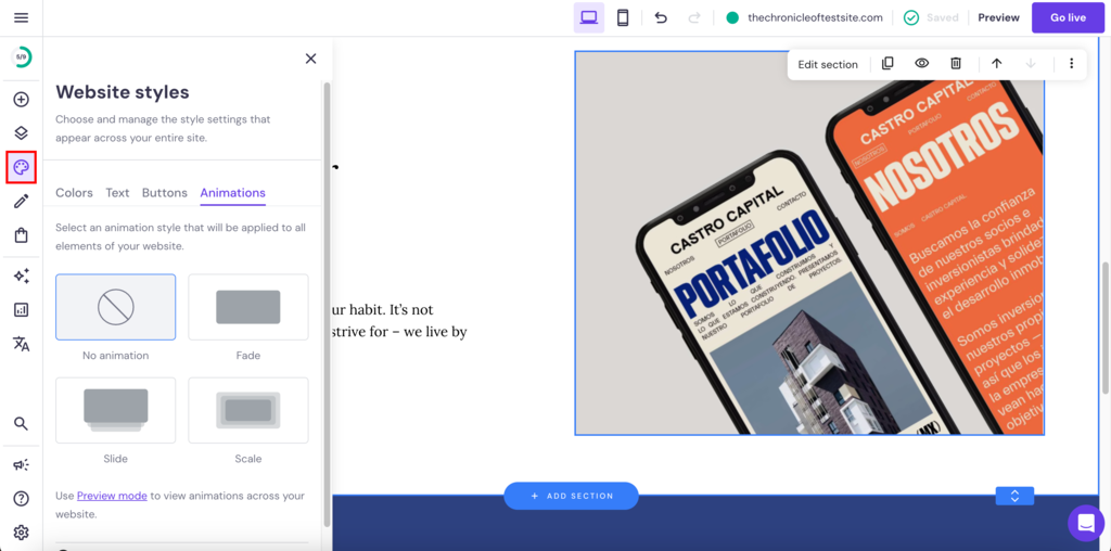 Website styles option in Hostinger Website Builder