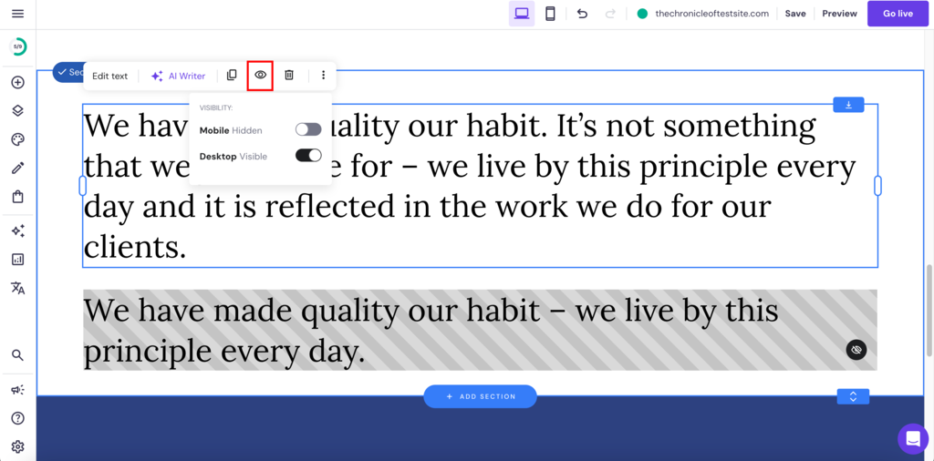 The website builder interface with two separate text blocks for mobile and desktop
