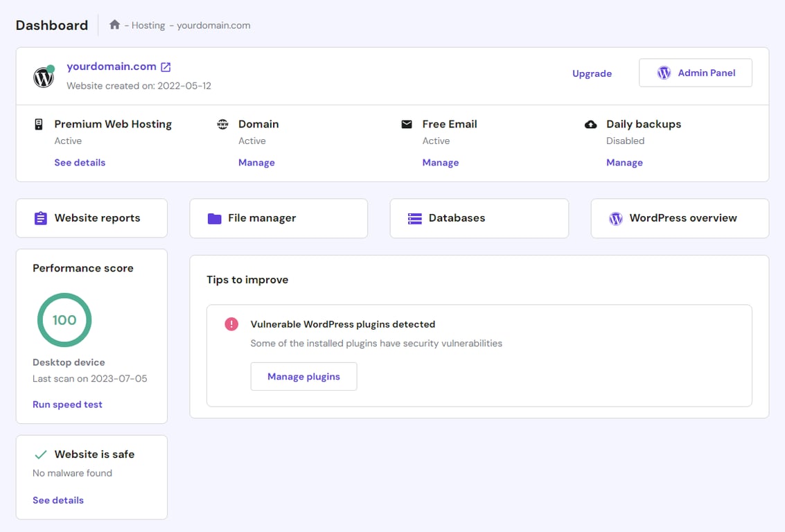The Dashboard section in Hostinger's website management panel