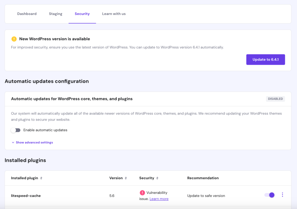 Hostinger hPanel WordPress security tab highlighting new updates and vulnerabilities