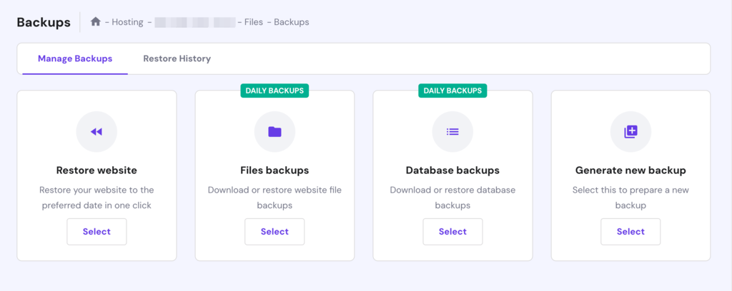 Hostinger hPanel website backup section