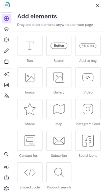 The Add elements menu in Hostinger Website Builder