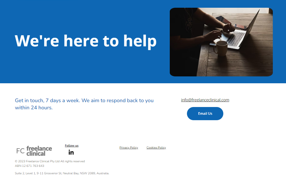 Freelance Clinical's Contact Us page