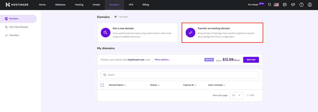 Hostinger Domains page highlighting the option to transfer an existing domain