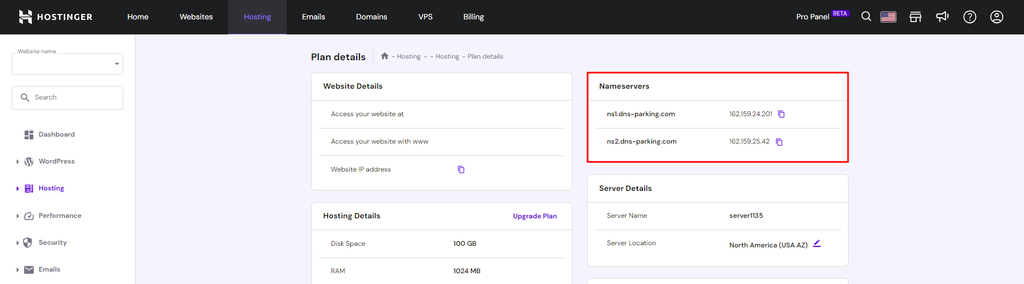 Hostinger Plan Details page highlighting the nameservers section