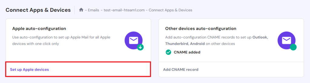 Selecting the Set up Apple devices option in the Connect Apps & Devices page of hPanel