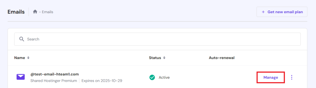 Selecting an email account in hPanel