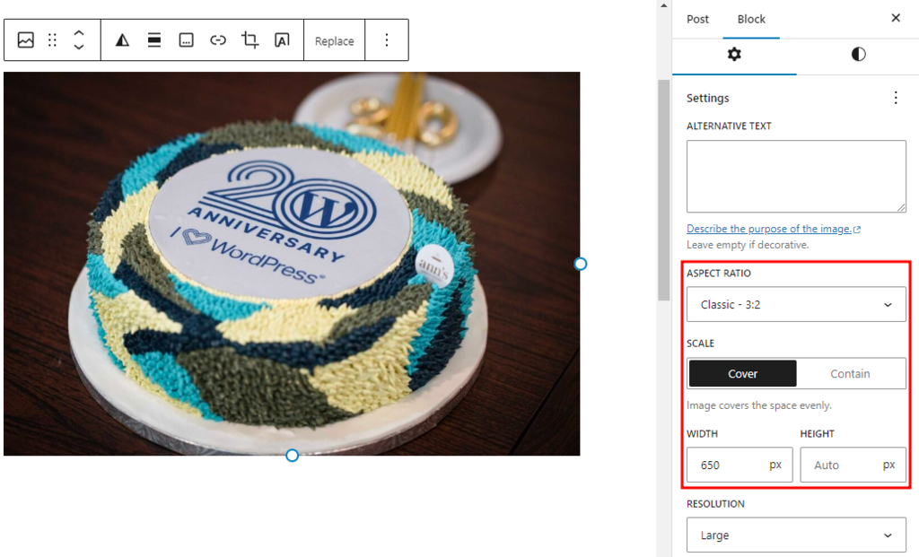 Custom image dimension settings for the image block in the block editor