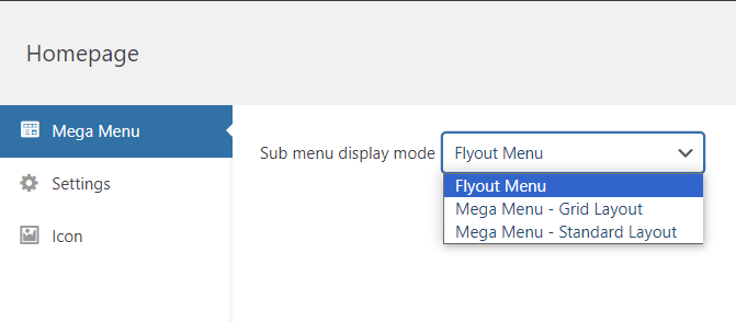 The Mega Menu pop-up for displaying a sub-menu in flyout, grid, or standard mode