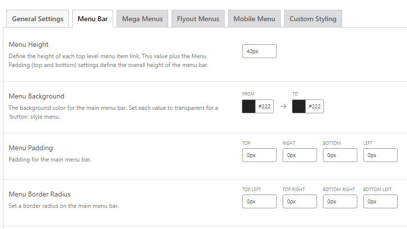 The Menu Bar settings for Menu Themes in the Max Mega Menu interface