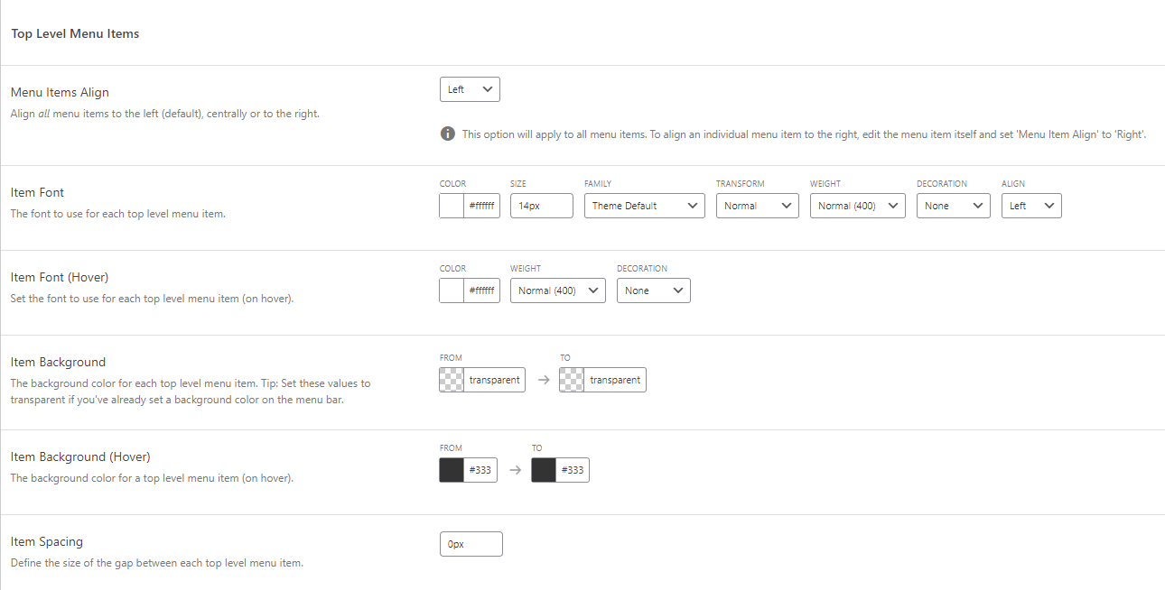 The Top Level Menu Items section under the Menu Bar tab