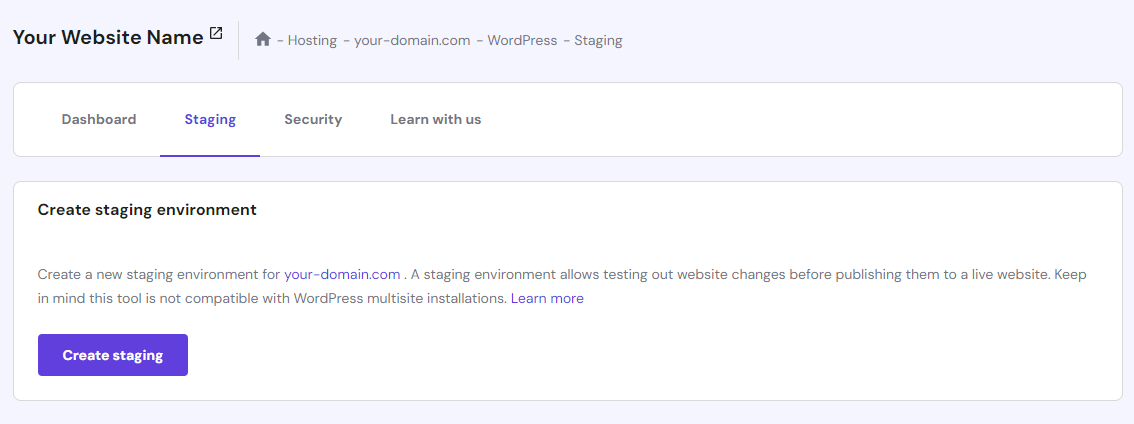 The WordPress Staging Tool feature in hPanel