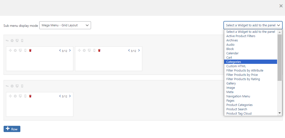 The Grid Layout option with the widget list expanded