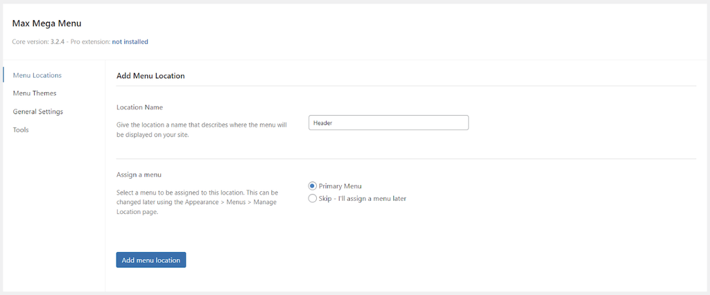 The Max Mega Menu plugin settings in the WordPress dashboard