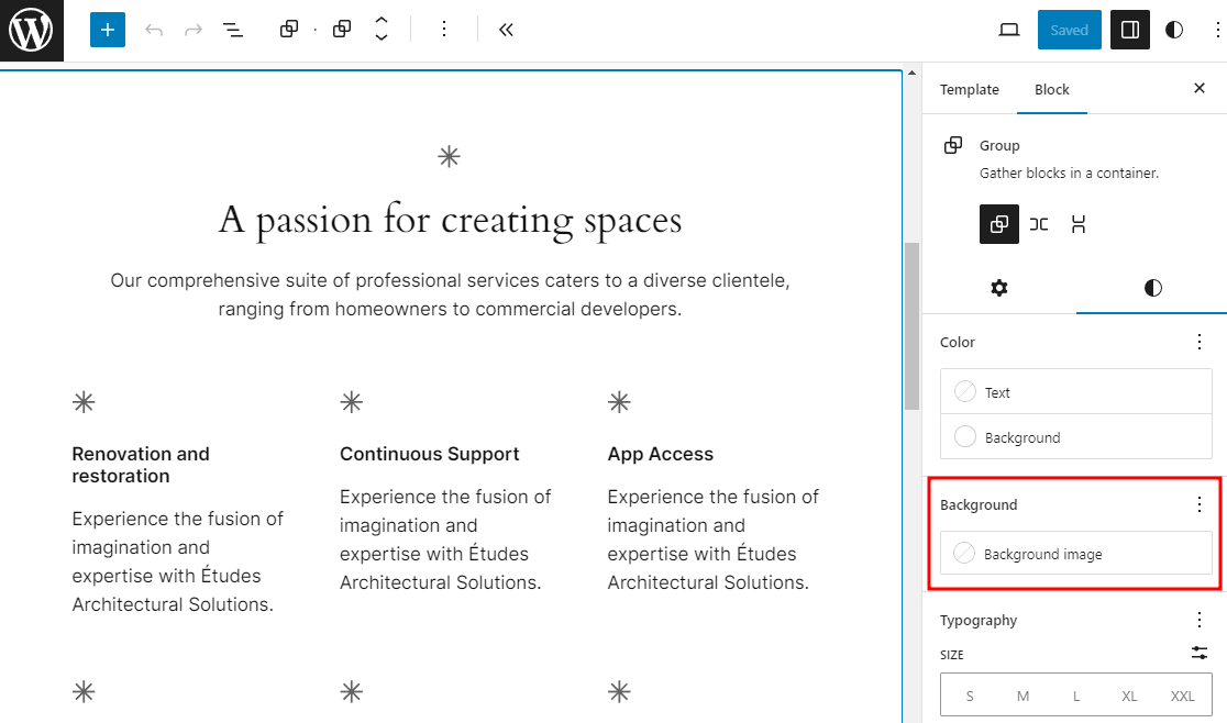 The background image section on the group block's settings panel