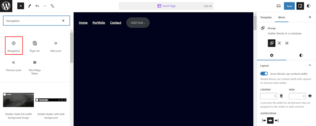 The Block Editor with the Navigation block highlighted in red