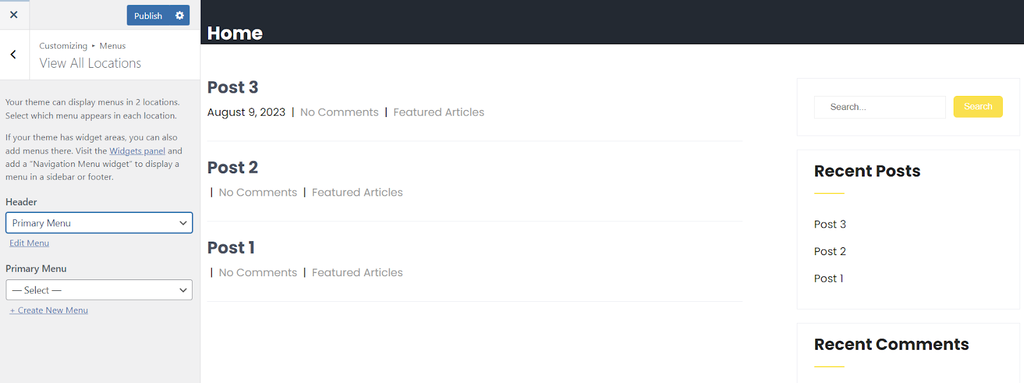The WordPress Customizer interface showing how to assign a dropdown menu to the desired location