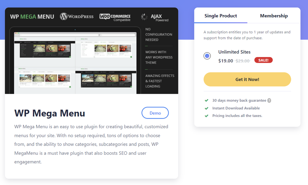 The landing page of WP Mega Menu on the mythemeshop site